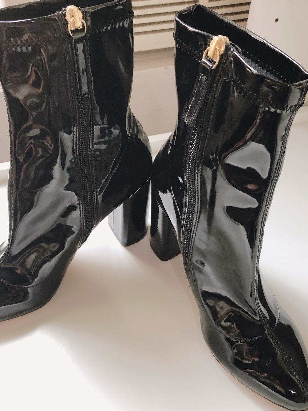 Steve Madden Black Patent Ankle Boots with Gold Zipper